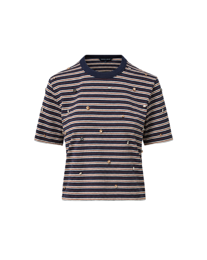 Veronica Beard Navy and white striped t-shirt with embellishments