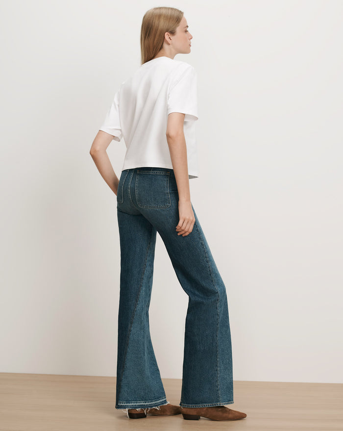 Veronica Beard White t-shirt, blue flared jeans