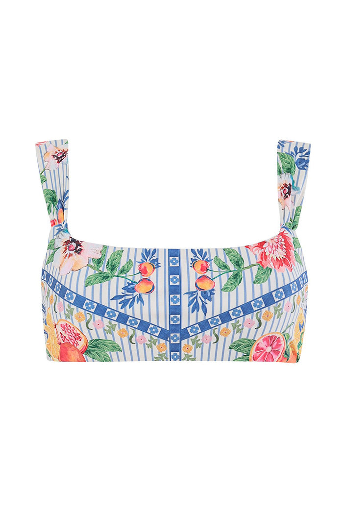 Sele bikini top with blue and white vertical stripes, blue geometric trim, floral print with pink blooms, green leaves, and citrus fruit details