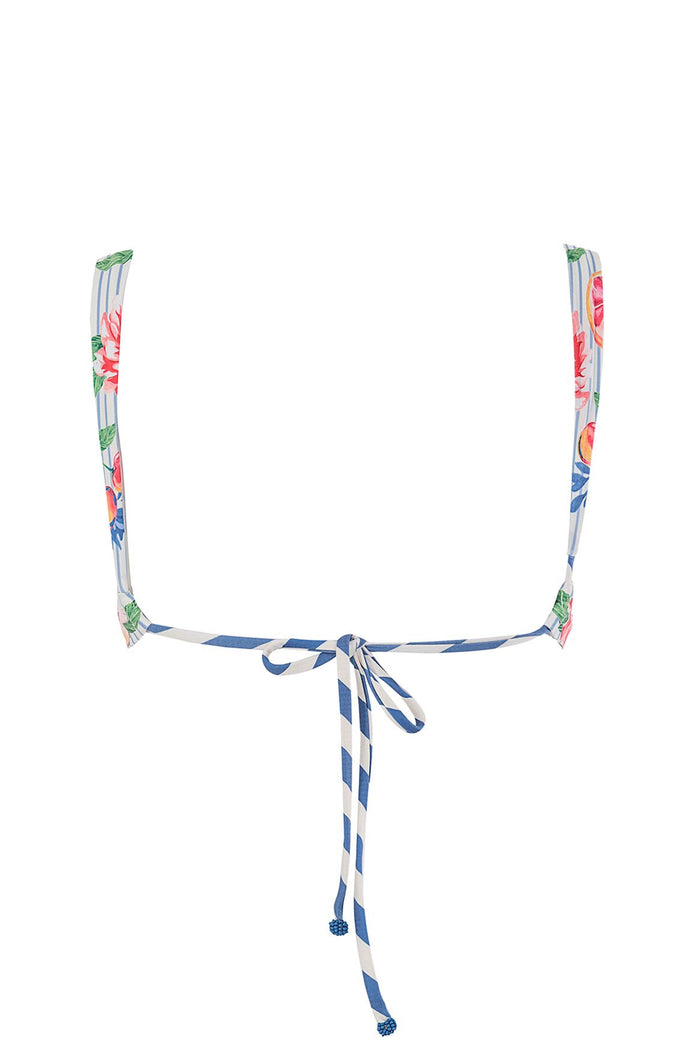Sele bikini top with blue and white striped straps and placement print featuring tropical florals and fruit details