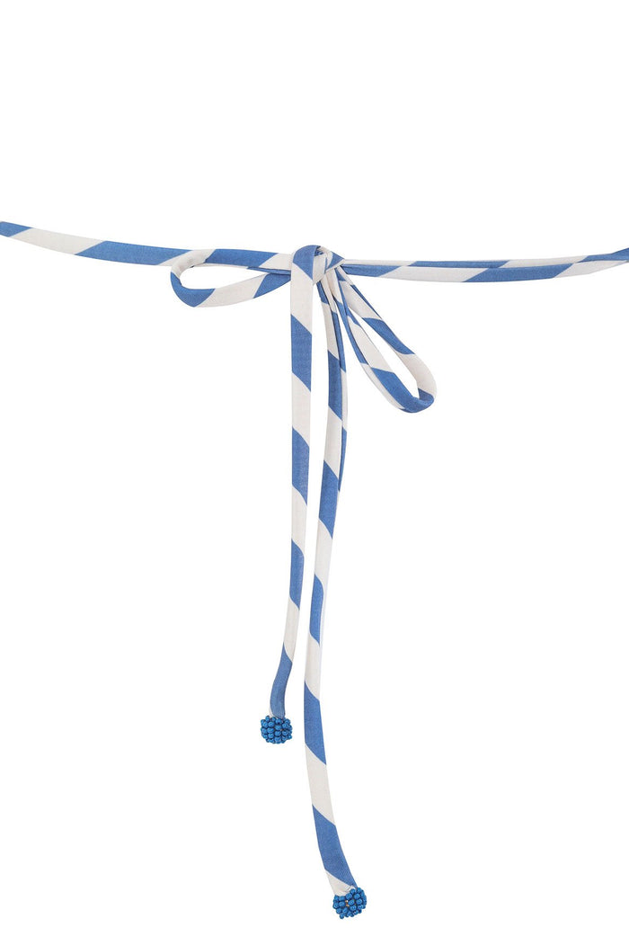 Blue and white striped bikini top tie with beaded detail ends