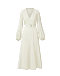 Veronica Beard Cream midi wrap dress with a V-neck, long balloon sleeves, and a D-ring belt.