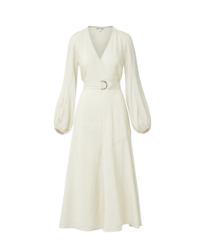 Veronica Beard Cream midi wrap dress with a V-neck, long balloon sleeves, and a D-ring belt.