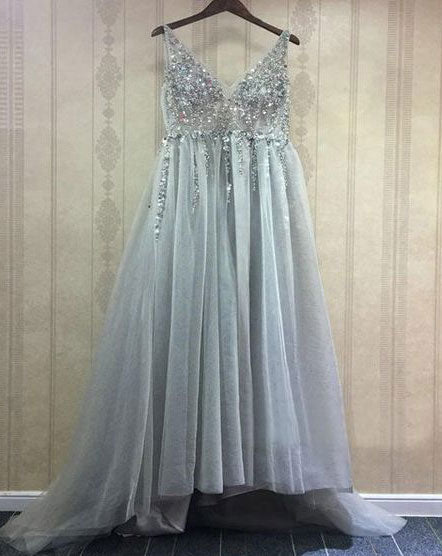Sexy Sparkly Beaded V Neck Long Prom Dresses for Women