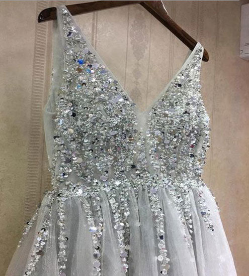 Sexy Sparkly Beaded V Neck Long Prom Dresses for Women