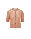 Veronica Beard Coral textured knit cardigan with short sleeves and light wash denim shorts.