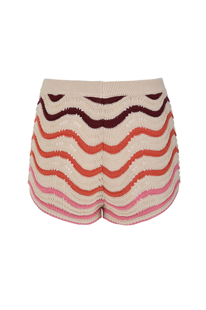 Shane Shorts in beige knit with horizontal wavy chevron stripes in burgundy, coral, and pink