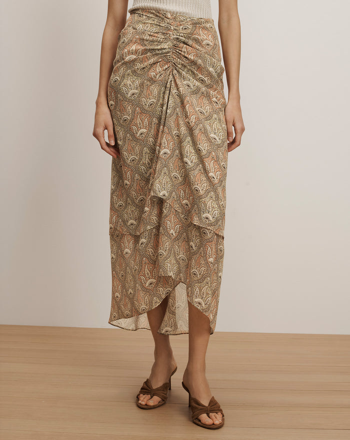 Veronica Beard Paisley print midi skirt with a ruched waist and asymmetrical ruffled hem.