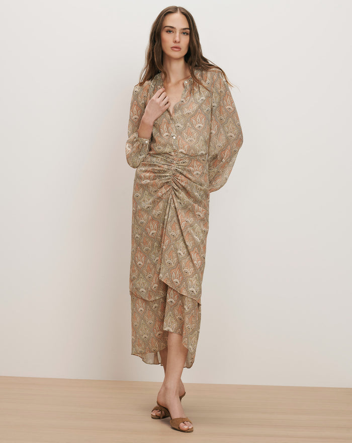 Veronica Beard flowing beige paisley blouse with matching print tiered midi skirt.