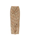 Veronica Beard Ribbed cream tank top and a sheer, ruched midi skirt with a beige paisley print and a matching belt.