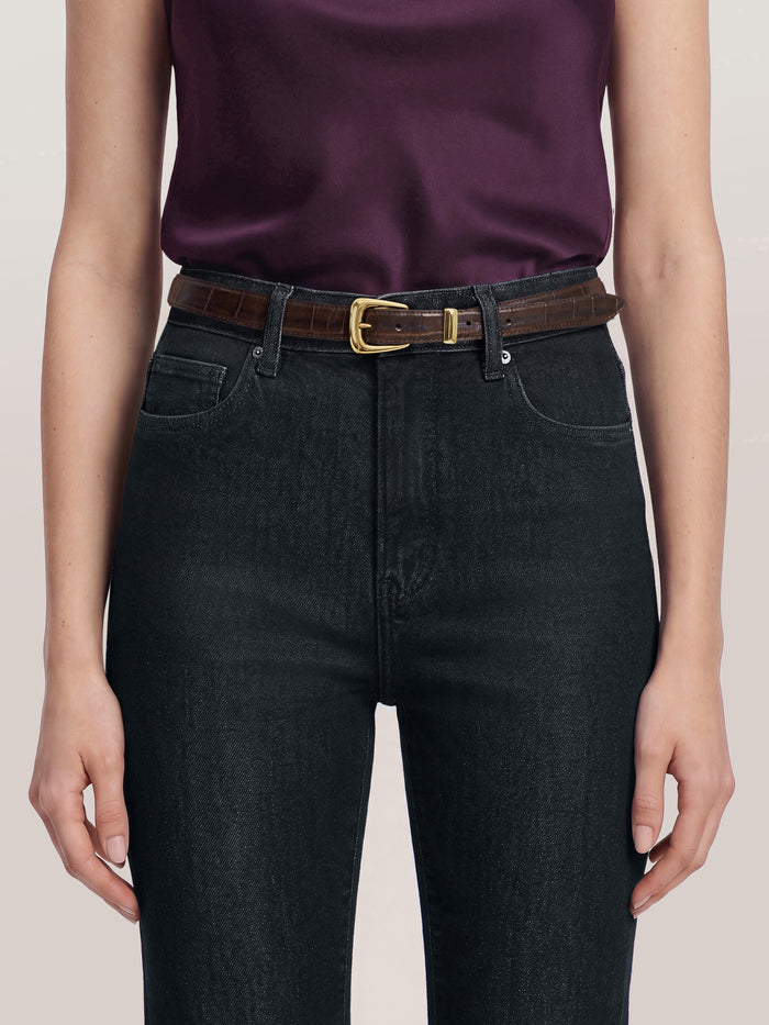Veronica Beard Dark brown crocodile-embossed leather belt with a gold buckle.