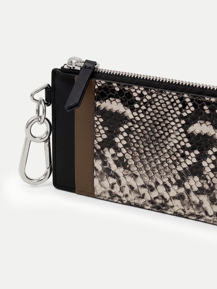Veronica Beard Snakeskin print cardholder with silver carabiner clip.