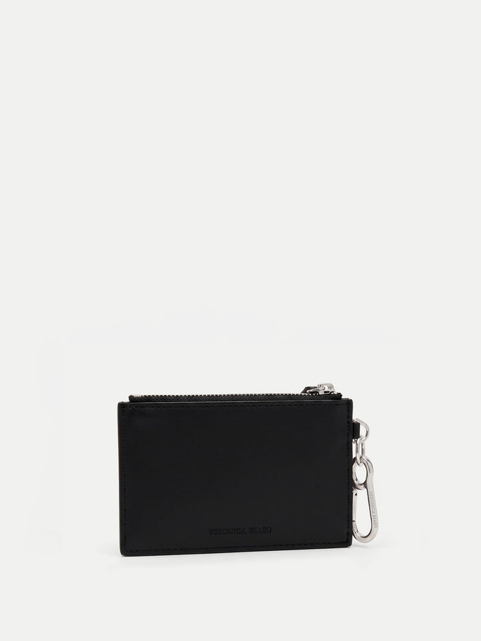 Veronica Beard Black leather card case with silver carabiner clip.