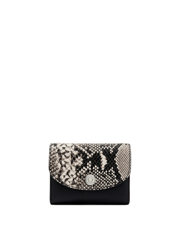Veronica Beard Black and white snakeskin print wallet with a silver snap closure.