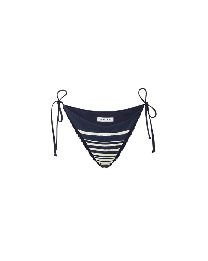 Veronica Beard Navy blue bikini bottom with white horizontal stripes and side ties.