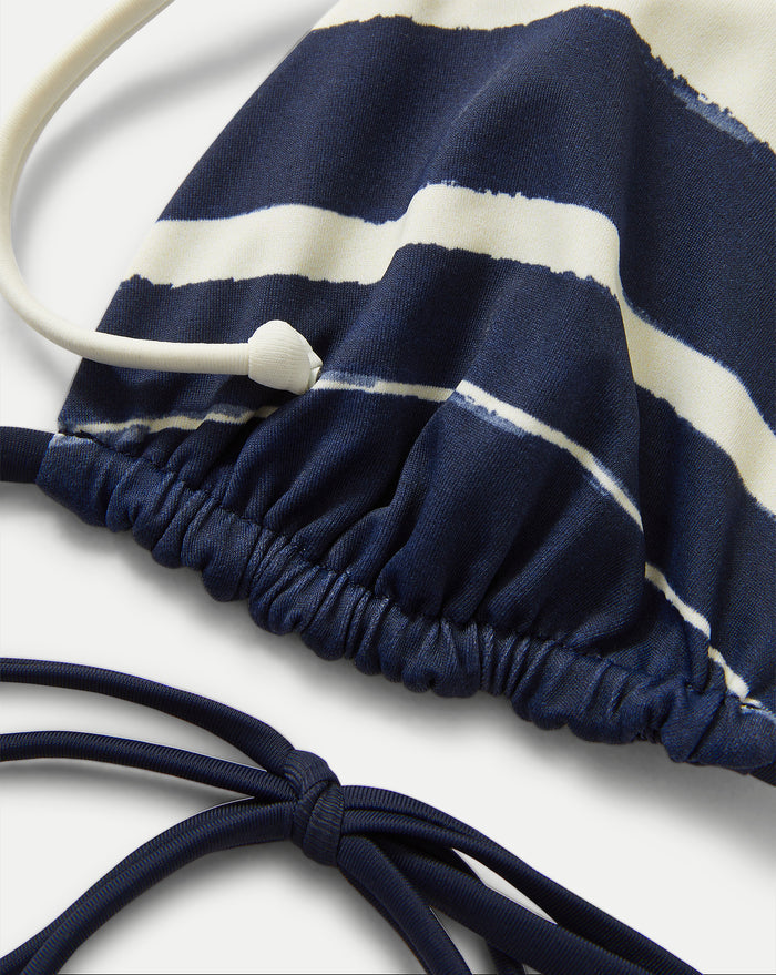 Veronica Beard Navy and white striped bikini top with ruched detailing and tie straps.
