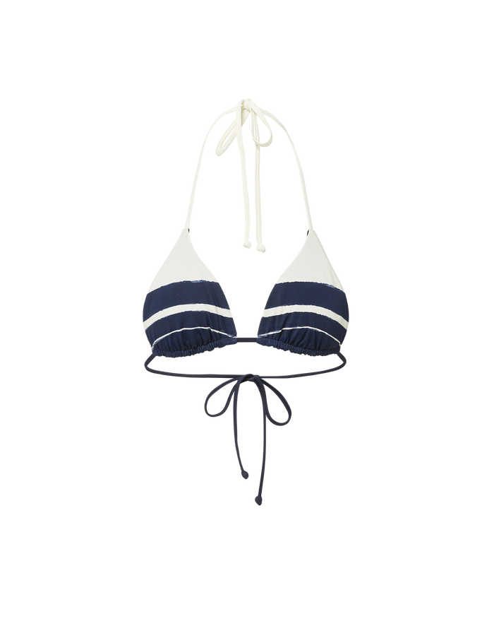 Veronica Beard White and navy striped triangle bikini top with halter and back ties.