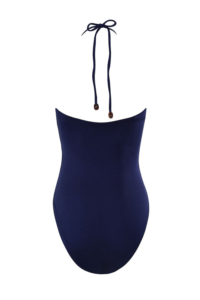Navy one-piece swimsuit with halter neck tie and cut-out details