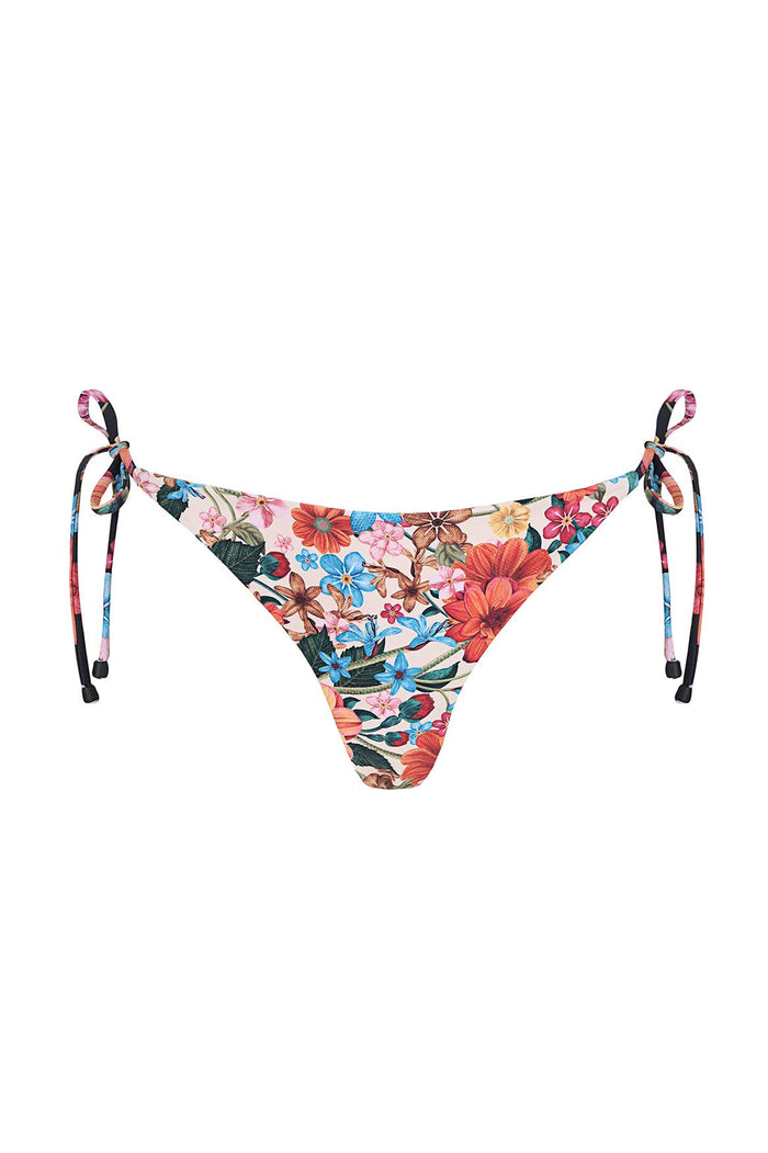 Tammy bikini bottom with side ties, multicolor tropical pattern detail print featuring coral, pink, and blue blooms on cream base