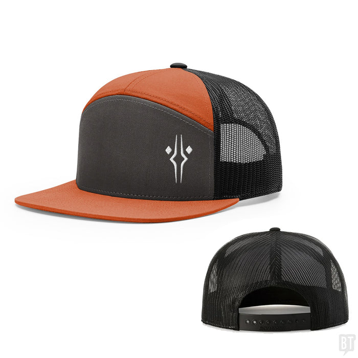 Seven-Panel Trucker Flatbill / Charcoal and Burnt Orange and Black / One Size