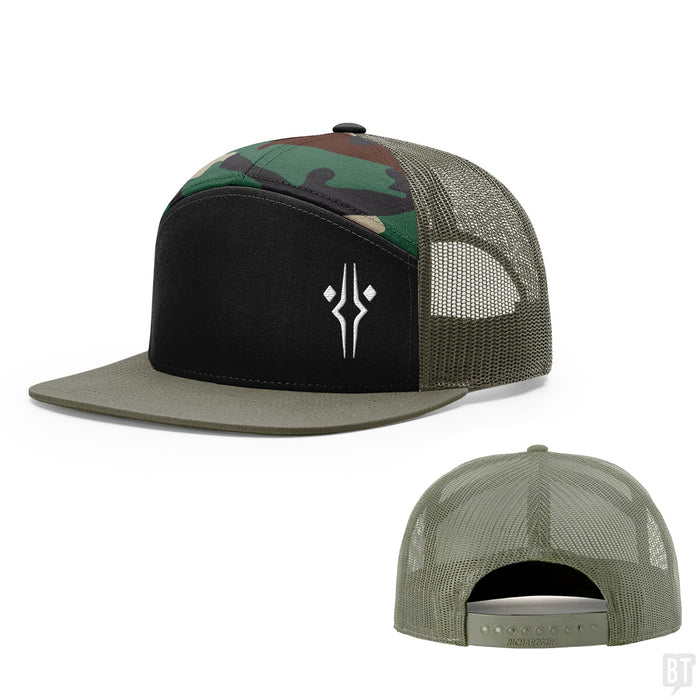 Seven-Panel Trucker Flatbill / Black and Camo and Loden / One Size