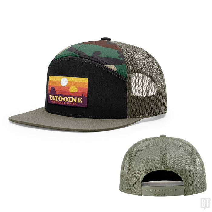 Seven-Panel Trucker Flatbill / Black and Camo and Loden / One Size