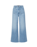 Veronica Beard Light wash denim wide-leg jeans with large front patch pockets.