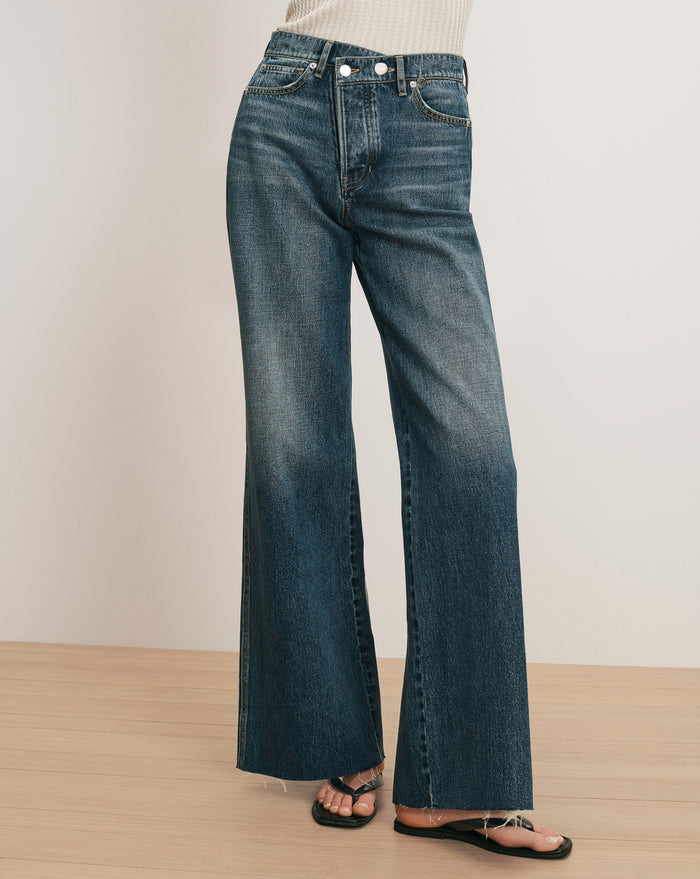 Veronica Beard Taylor Crossover-Waistband Wide-Leg Jean - City Lights