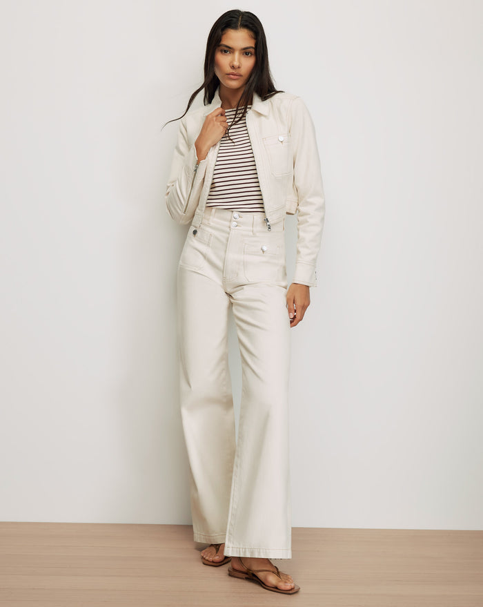 Veronica Beard Ecru wide-leg jeans with front patch pockets.