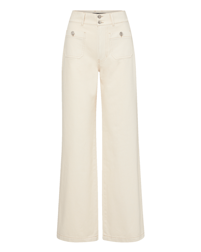 Veronica Beard Cream wide-leg jeans with front patch pockets.