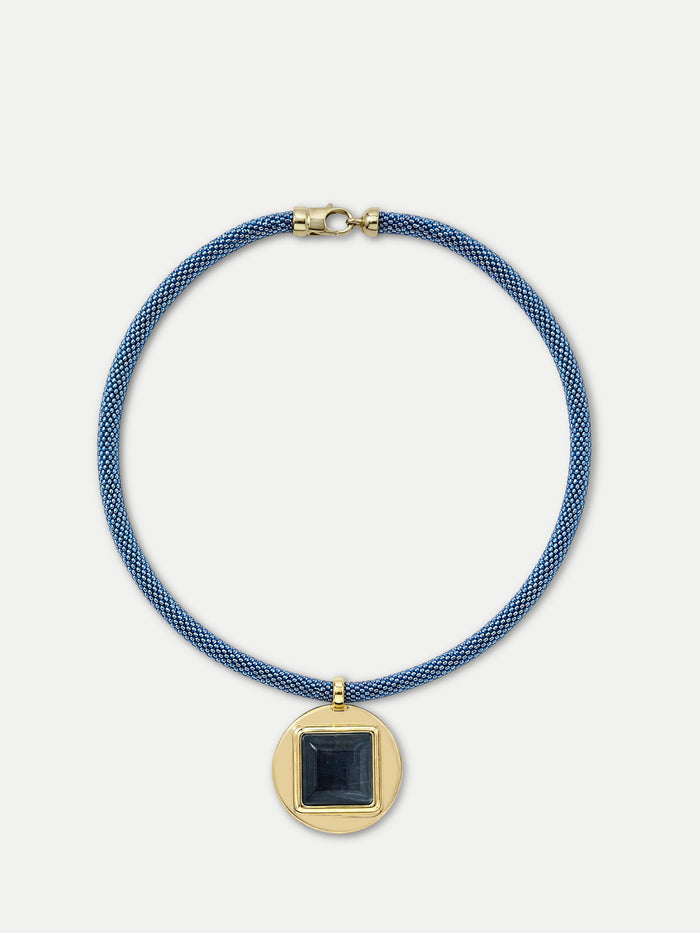 Veronica Beard Blue mesh necklace with gold square pendant and