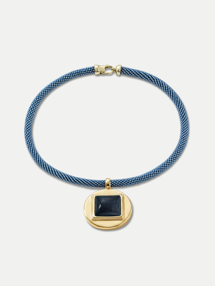 Veronica Beard Blue woven necklace with a gold pendant and