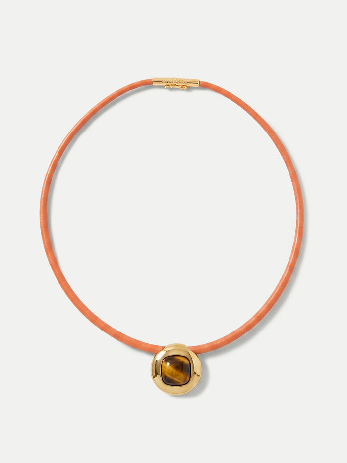 Veronica Beard Orange leather choker with a gold and tiger's