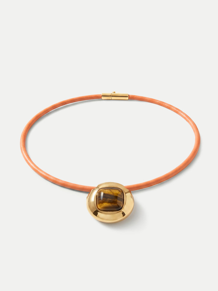 Veronica Beard Orange leather choker with a gold pendant and