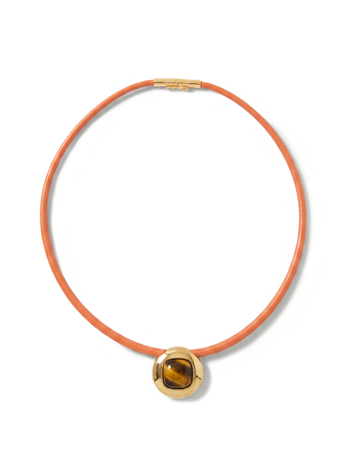 Veronica Beard Orange leather choker with a gold tiger's eye