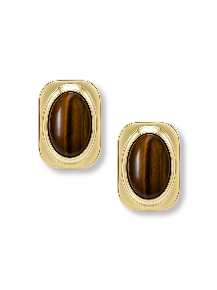 Veronica Beard Gold square earrings with oval brown tiger's eye.