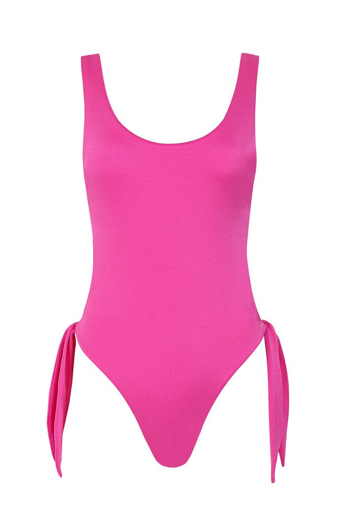 Hot pink one piece swimsuit with scoop neckline, open back, high-cut legs, and adjustable side ties