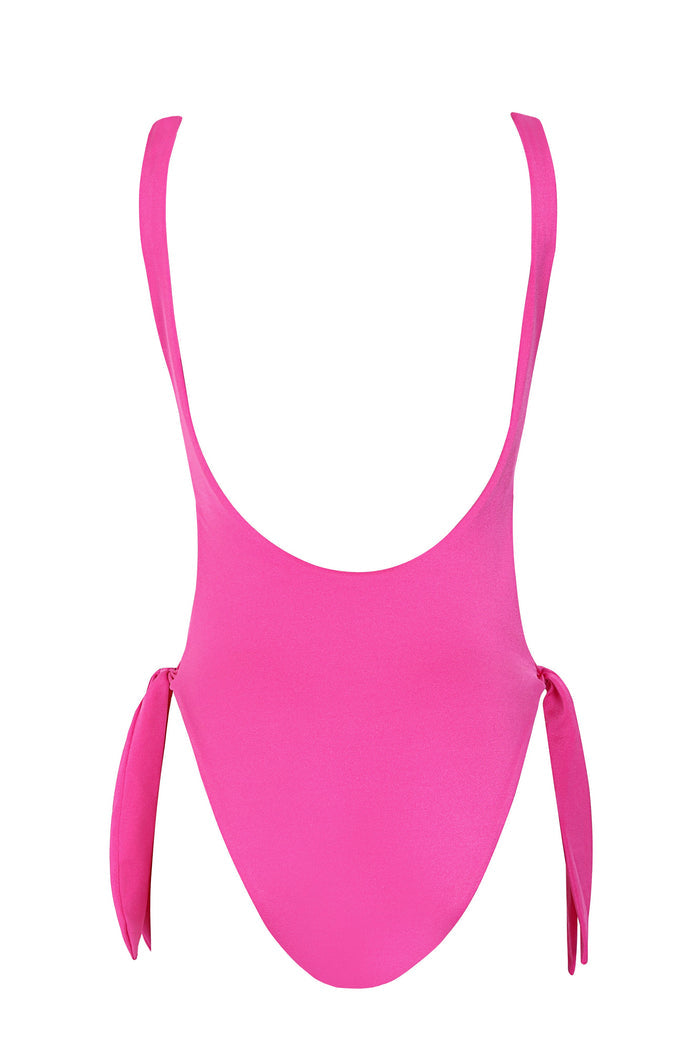 Pink one-piece swimsuit with plunging V-neckline, open back, high-cut legs, and adjustable side ties