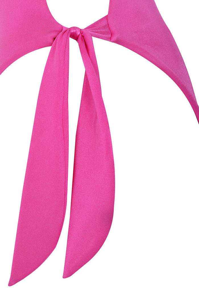 Hot pink ribbed one-piece swimsuit with long tie detail at front neckline
