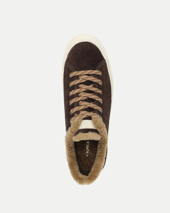 Veronica Beard Brown suede sneaker with shearling lining and laces.
