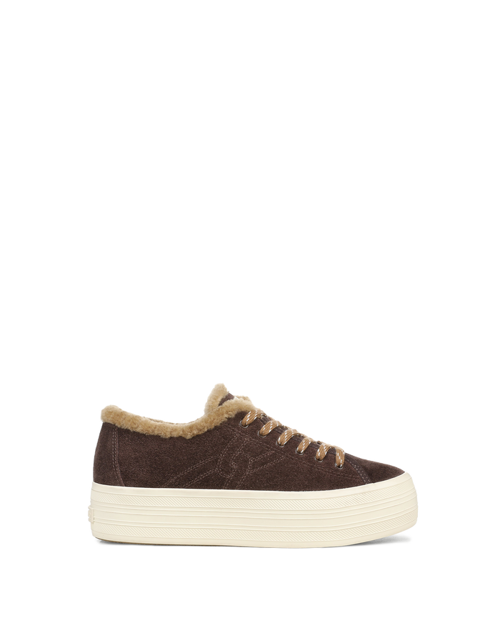 Veronica Beard Brown suede platform sneaker with faux-fur lining.