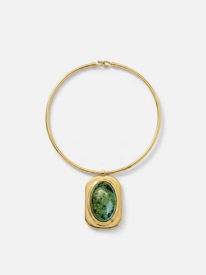 Veronica Beard Gold choker necklace with green stone pendant.