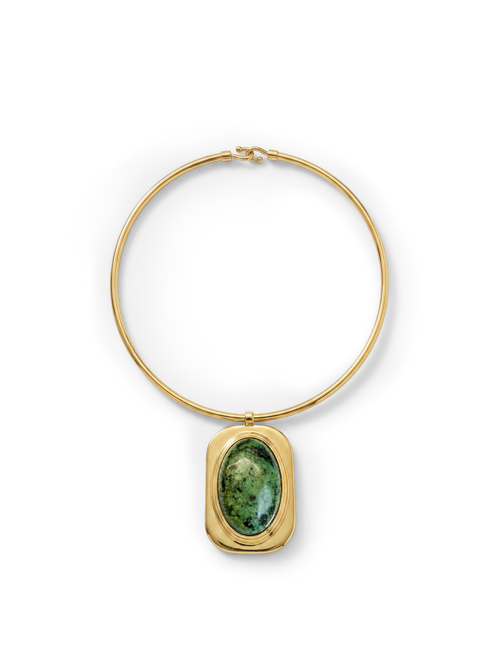 Veronica Beard Gold choker with a green gemstone pendant.