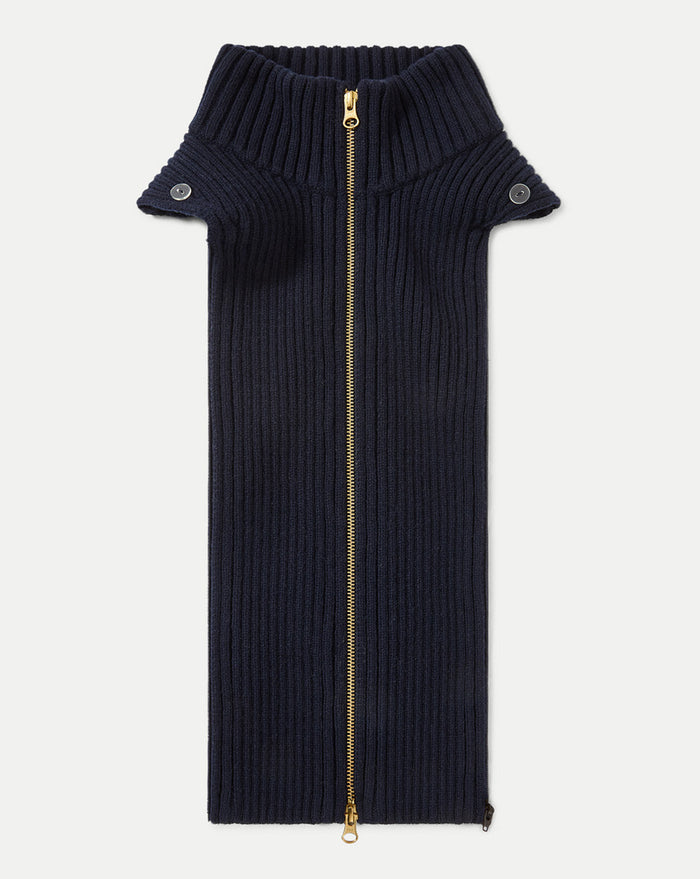Veronica Beard Navy ribbed knit dickey with gold zipper.