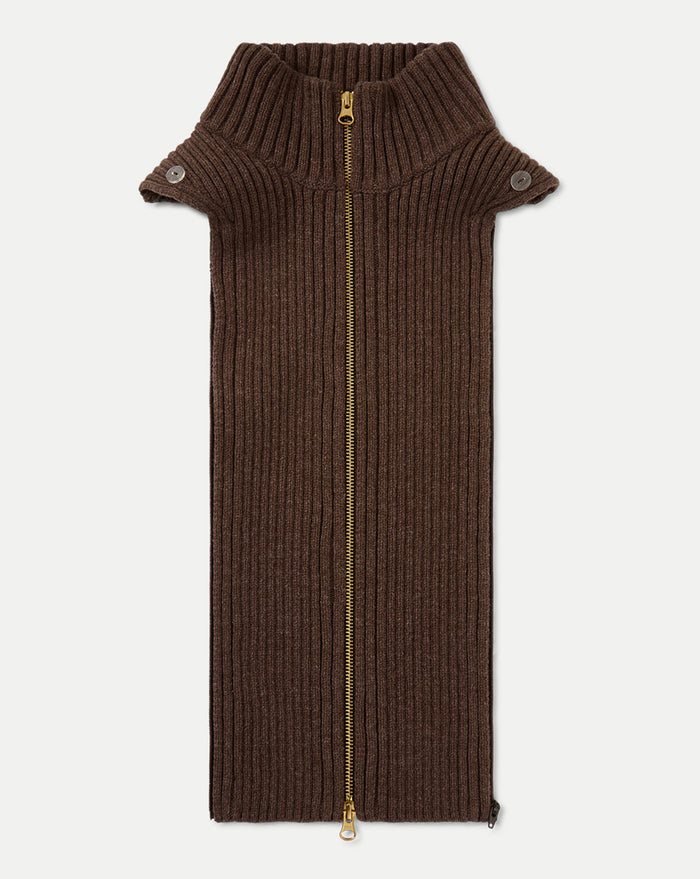 Veronica Beard Brown ribbed knit collar with gold zipper.