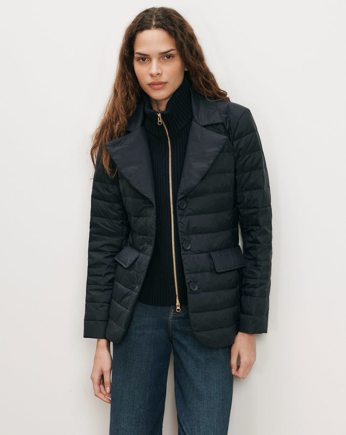 Veronica Beard Black quilted blazer with gold zipper and buttons.