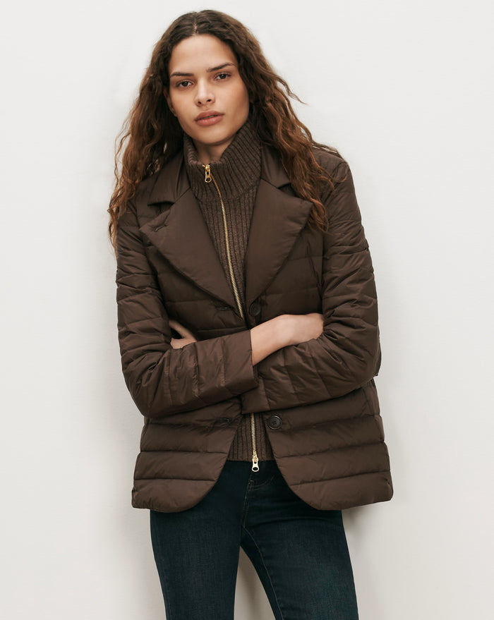 Veronica Beard Brown quilted blazer jacket with gold zipper.