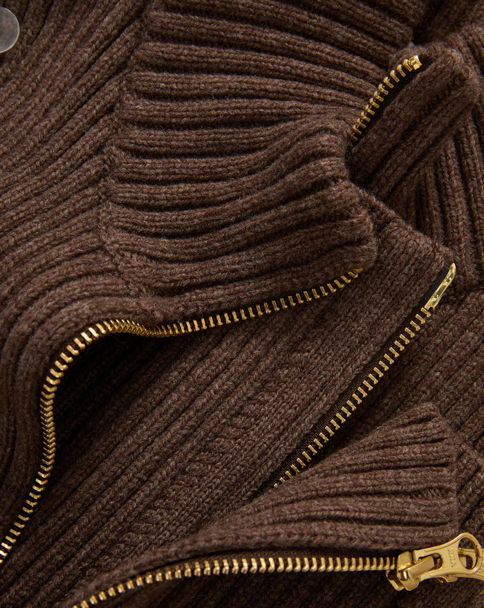 Veronica Beard Brown ribbed knit sweater with gold zipper.