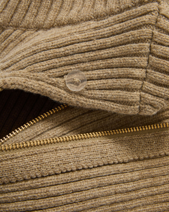 Veronica Beard Brown ribbed knit sweater with brass zipper.
