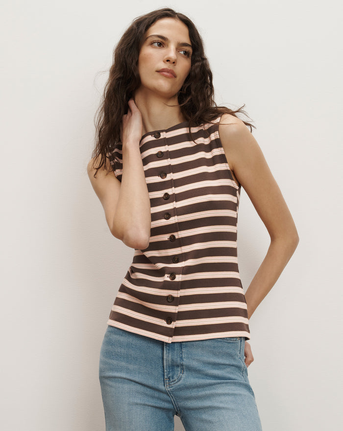 Veronica Beard Brown and pink striped sleeveless knit top with a button-front closure.